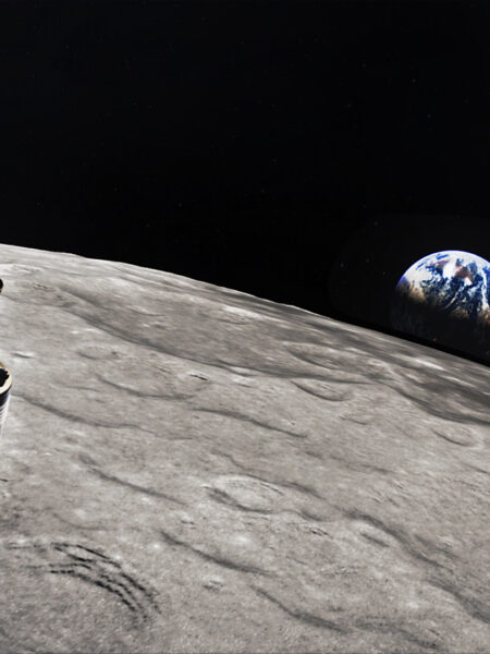 Apollo near the moon with Earth in background